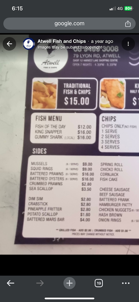 Menu, Atwell Fish and Chips
