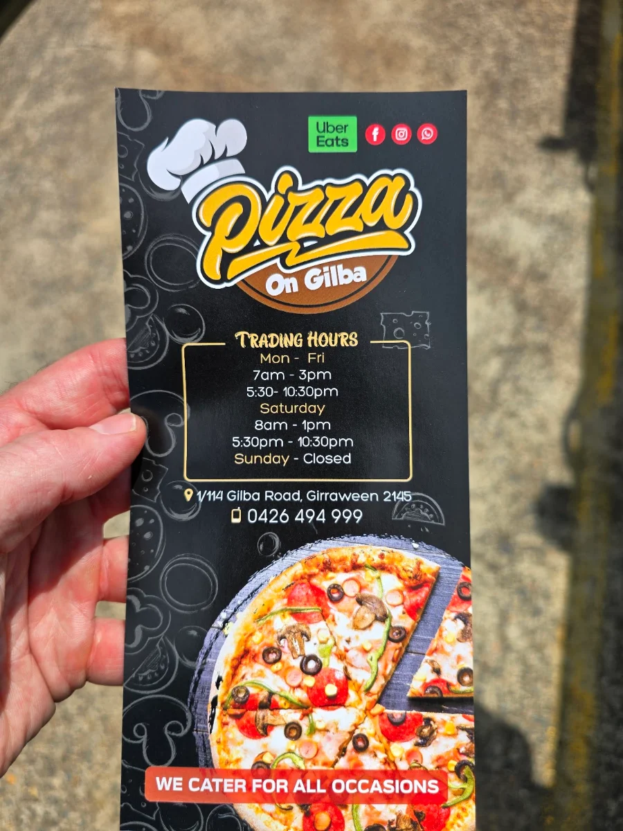 Menu, Pizza on Gilba