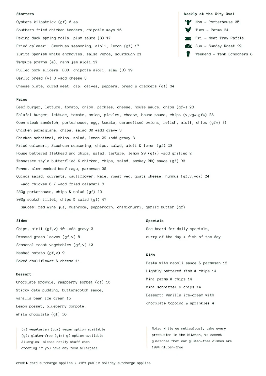 Menu, City Oval Hotel