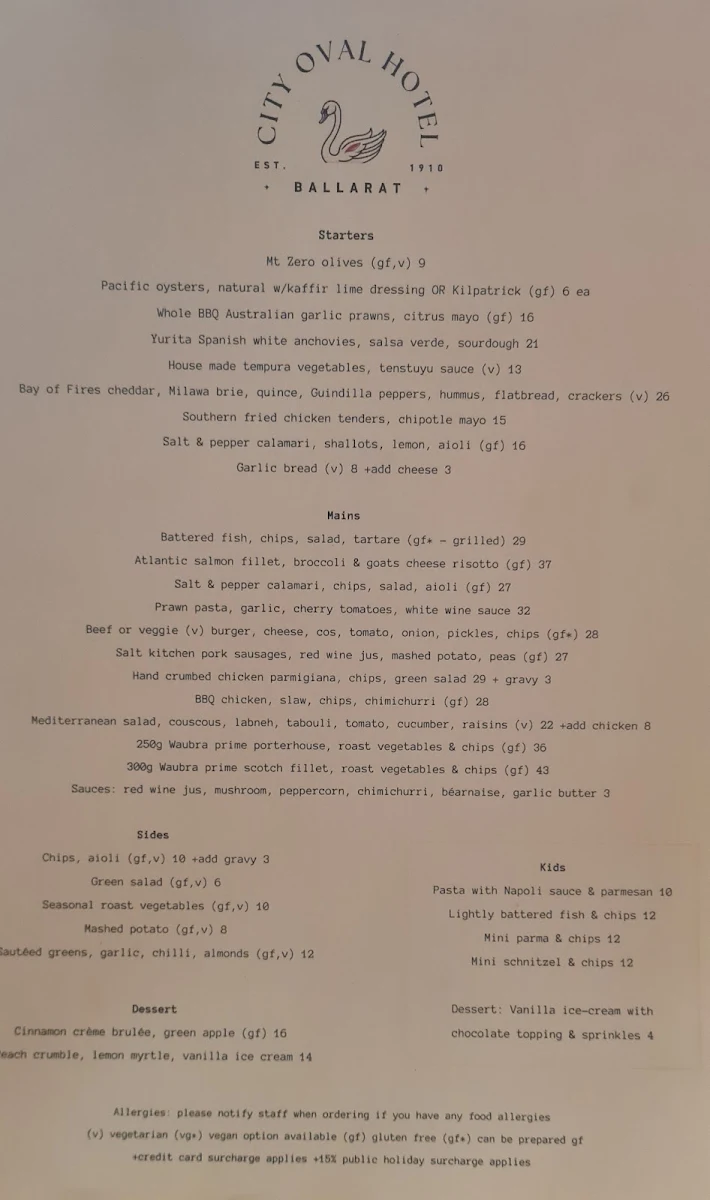 Menu, City Oval Hotel