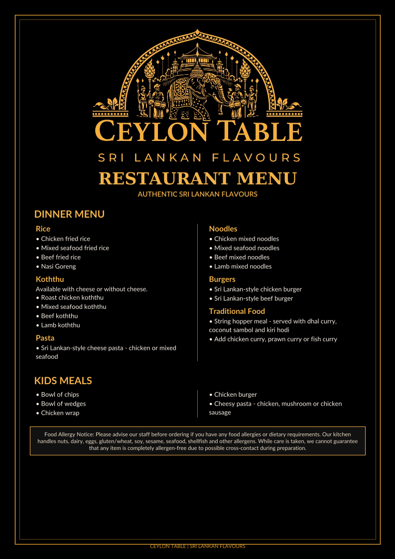 Menu, Ceylon Table