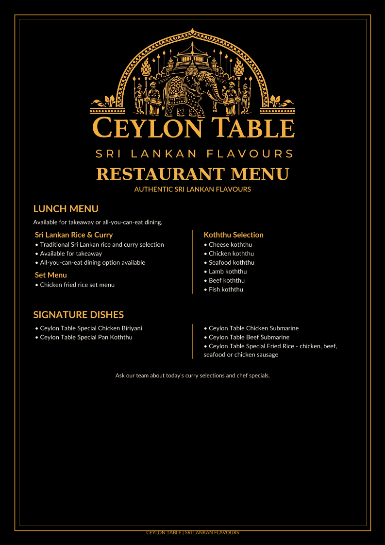 Menu, Ceylon Table