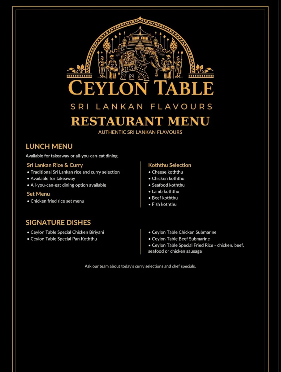 Menu, Ceylon Table