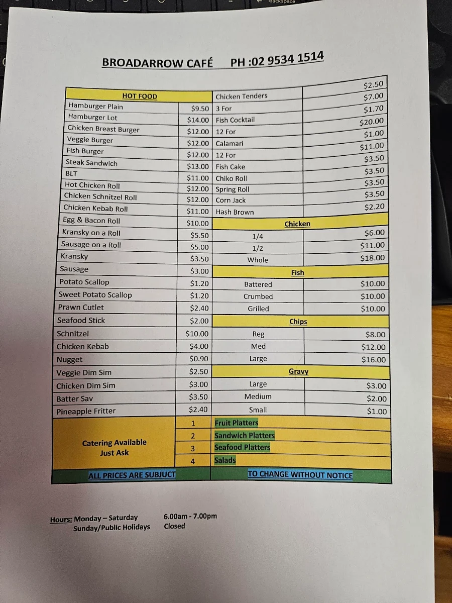 Menu, Broadarrow Cafe