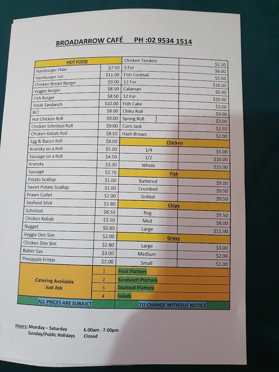 Menu, Broadarrow Cafe