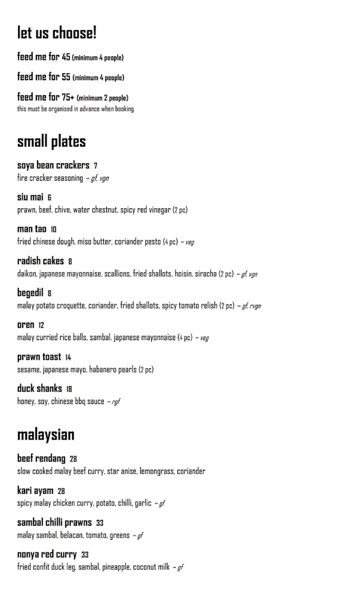 Menu, Malayan Orchid Restaurant