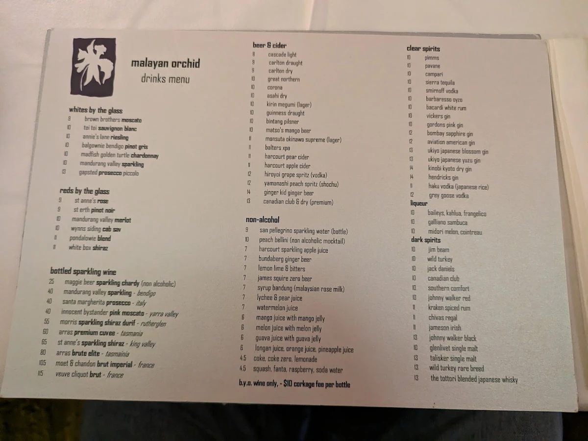 Menu, Malayan Orchid Restaurant