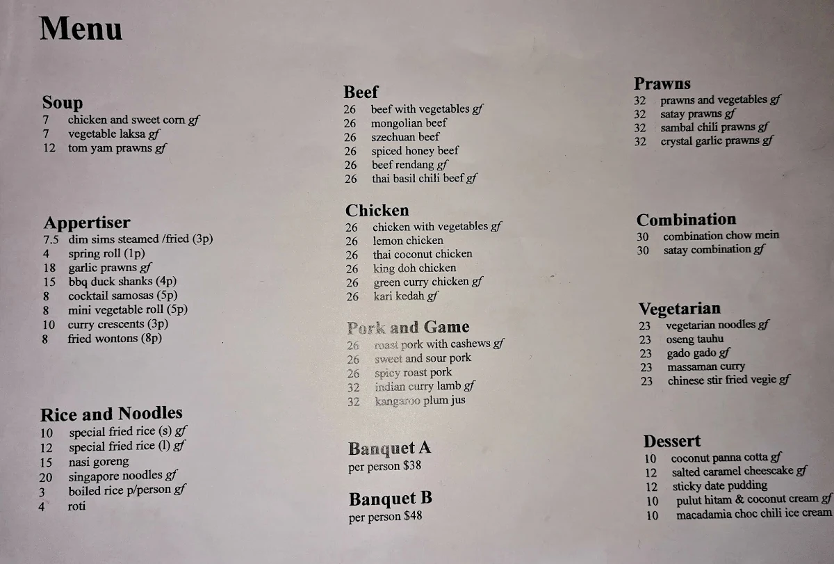 Menu, Malayan Orchid Restaurant