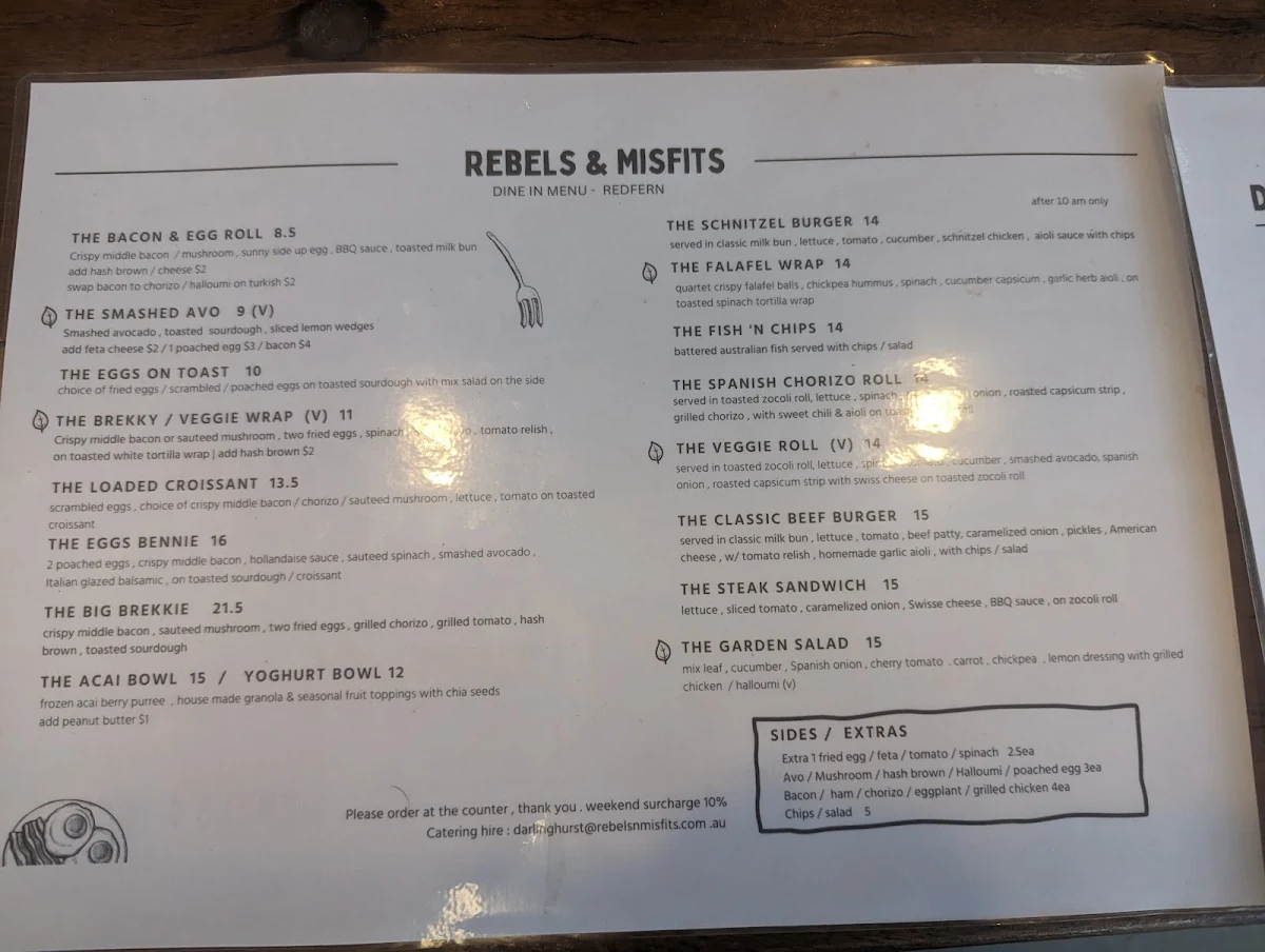 Menu, Rebels N Misfits - Redfern Park