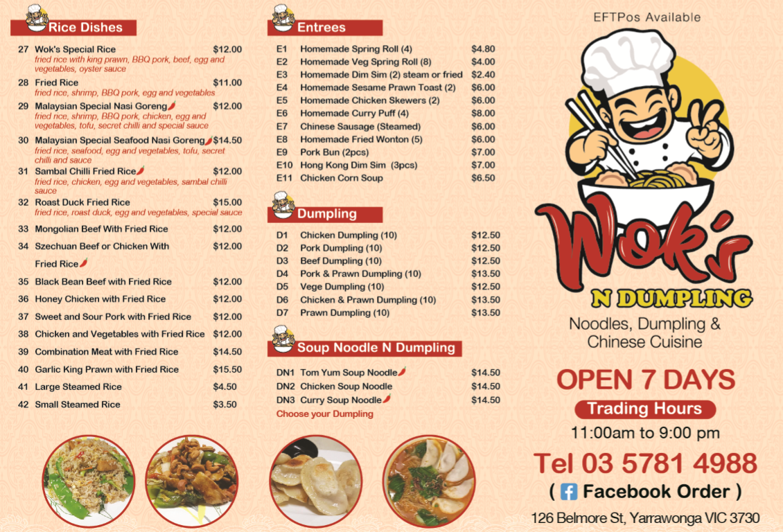 Menu, Wok's N Dumplings