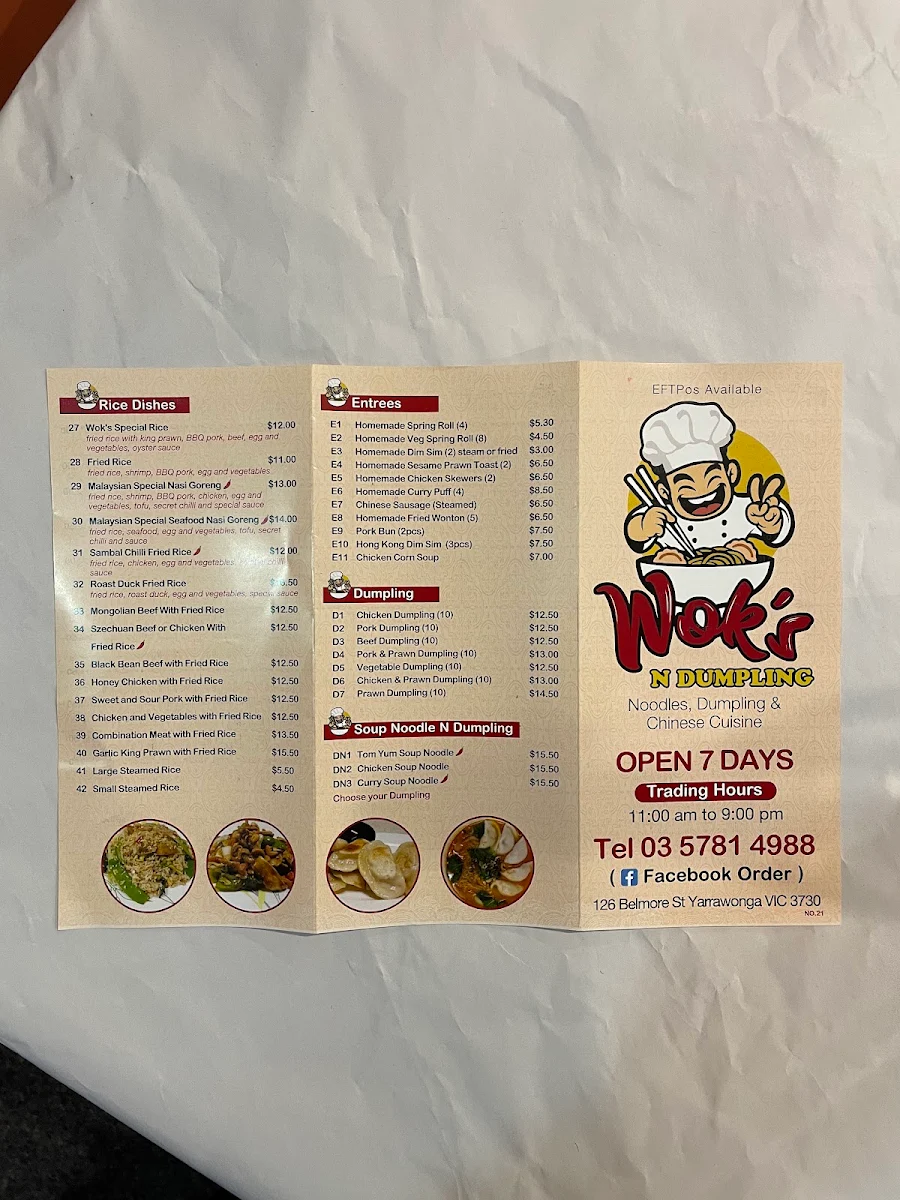 Menu, Wok's N Dumplings