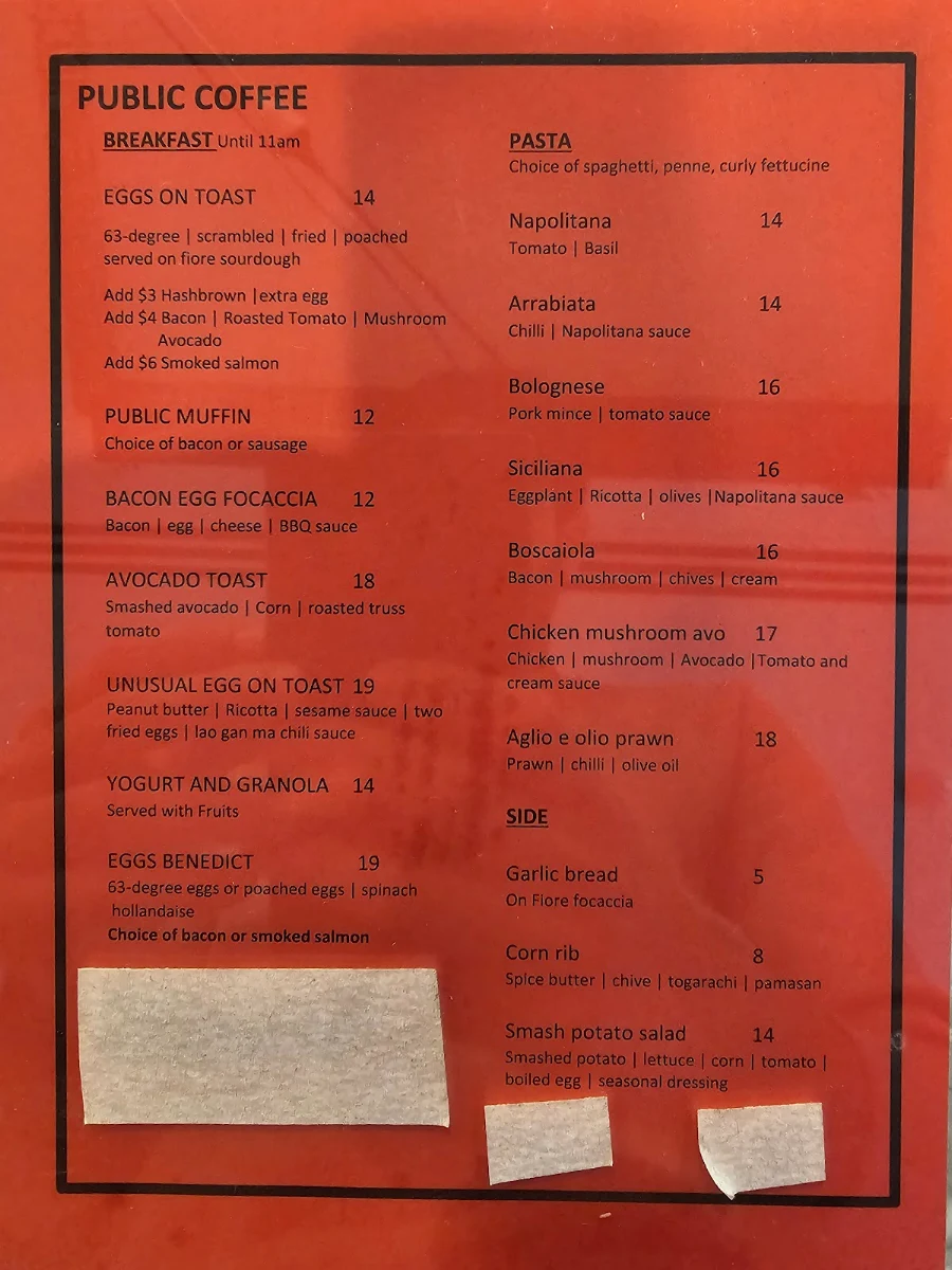 Menu, Public Coffee