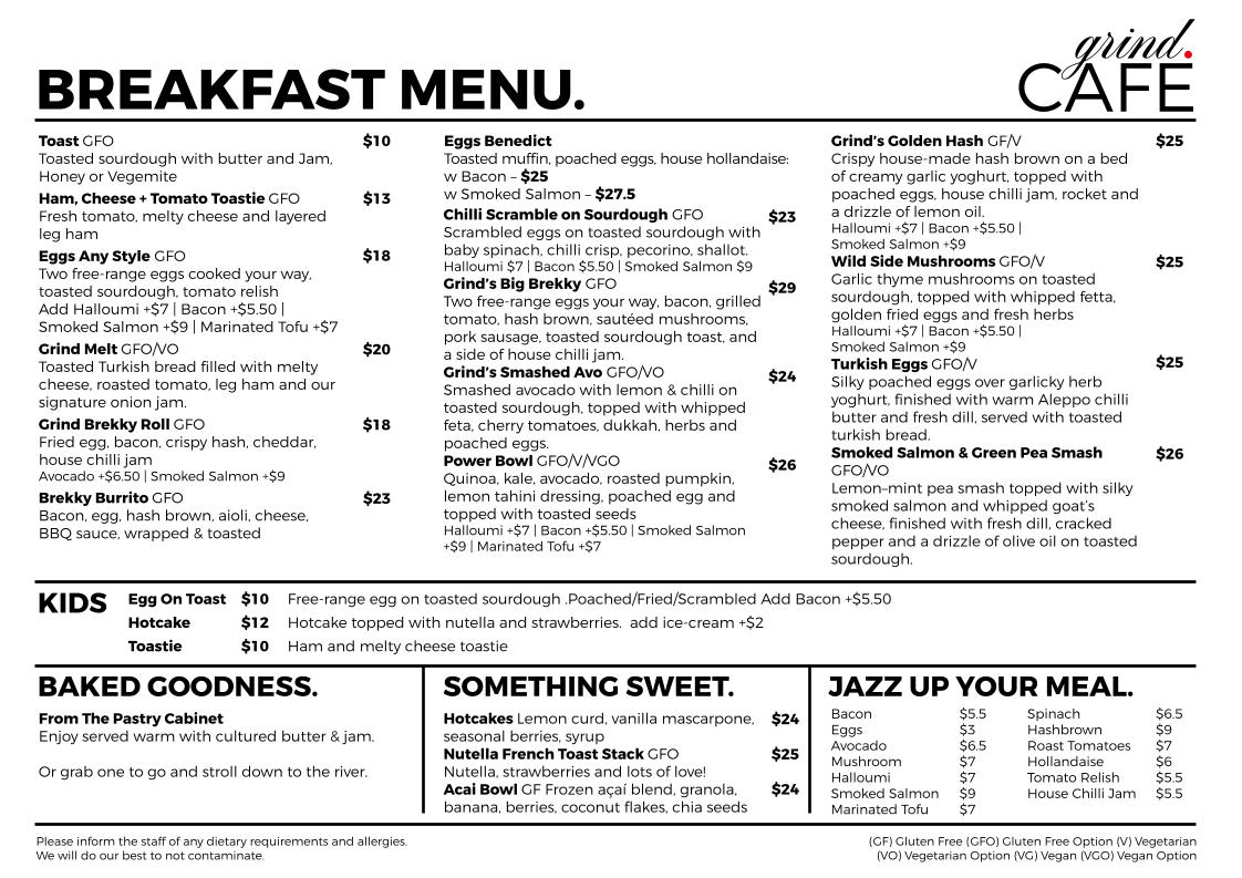 Menu, Grind Cafe