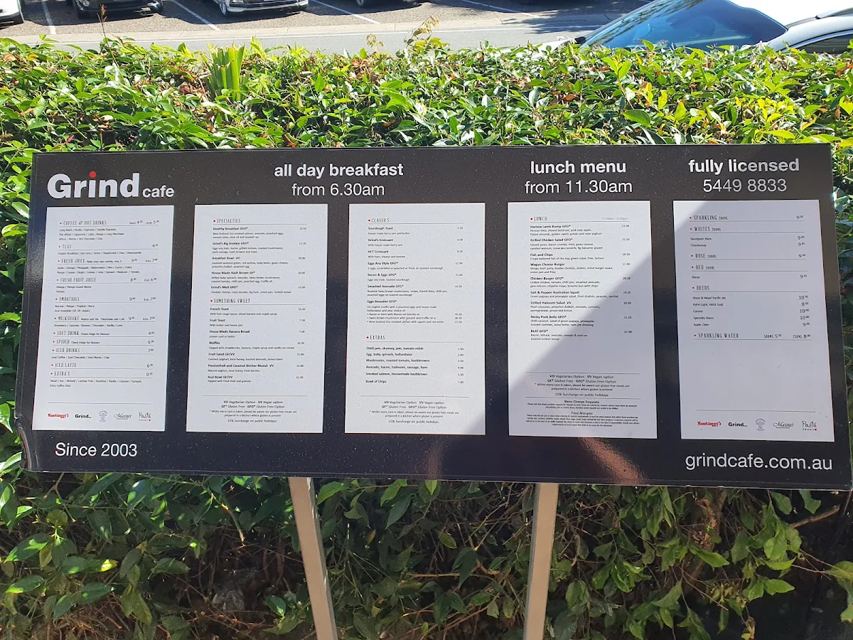 Menu, Grind Cafe
