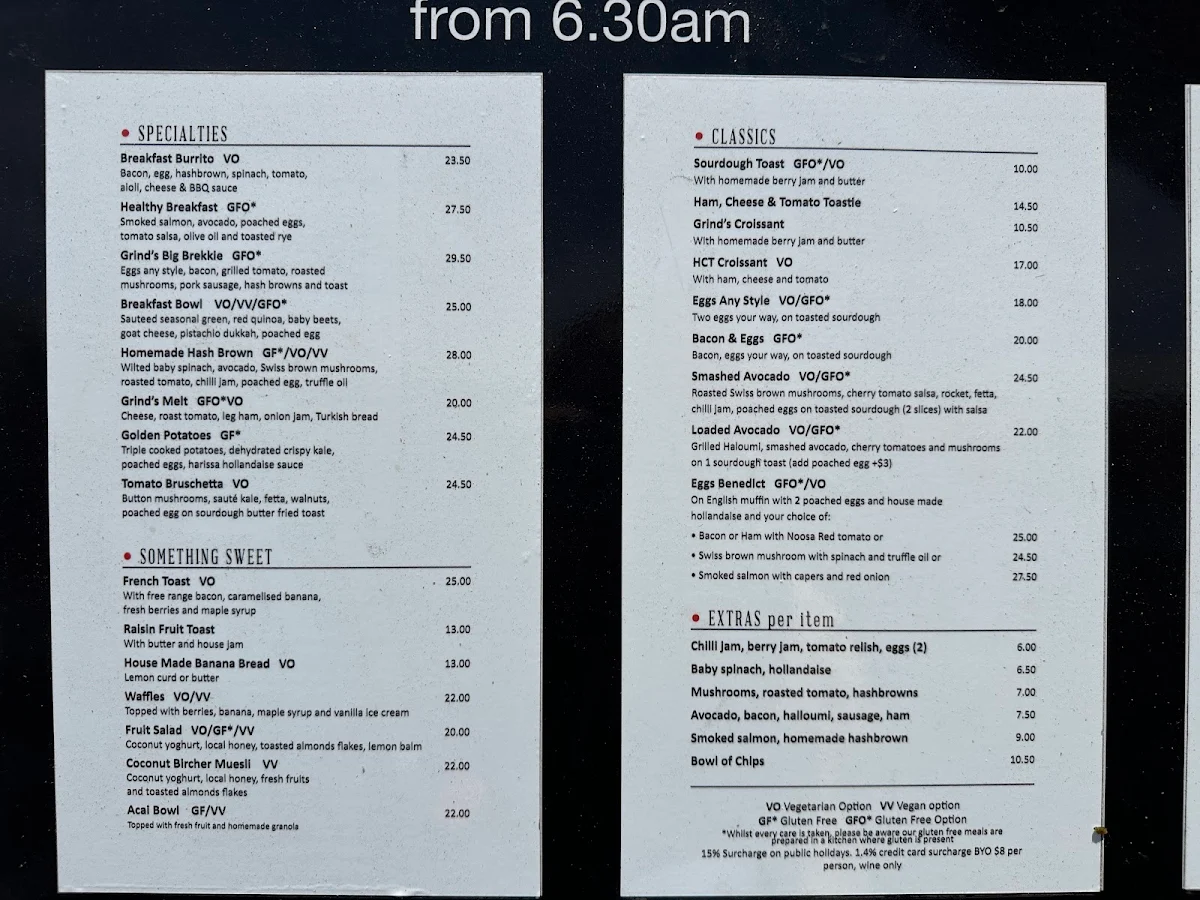 Menu, Grind Cafe