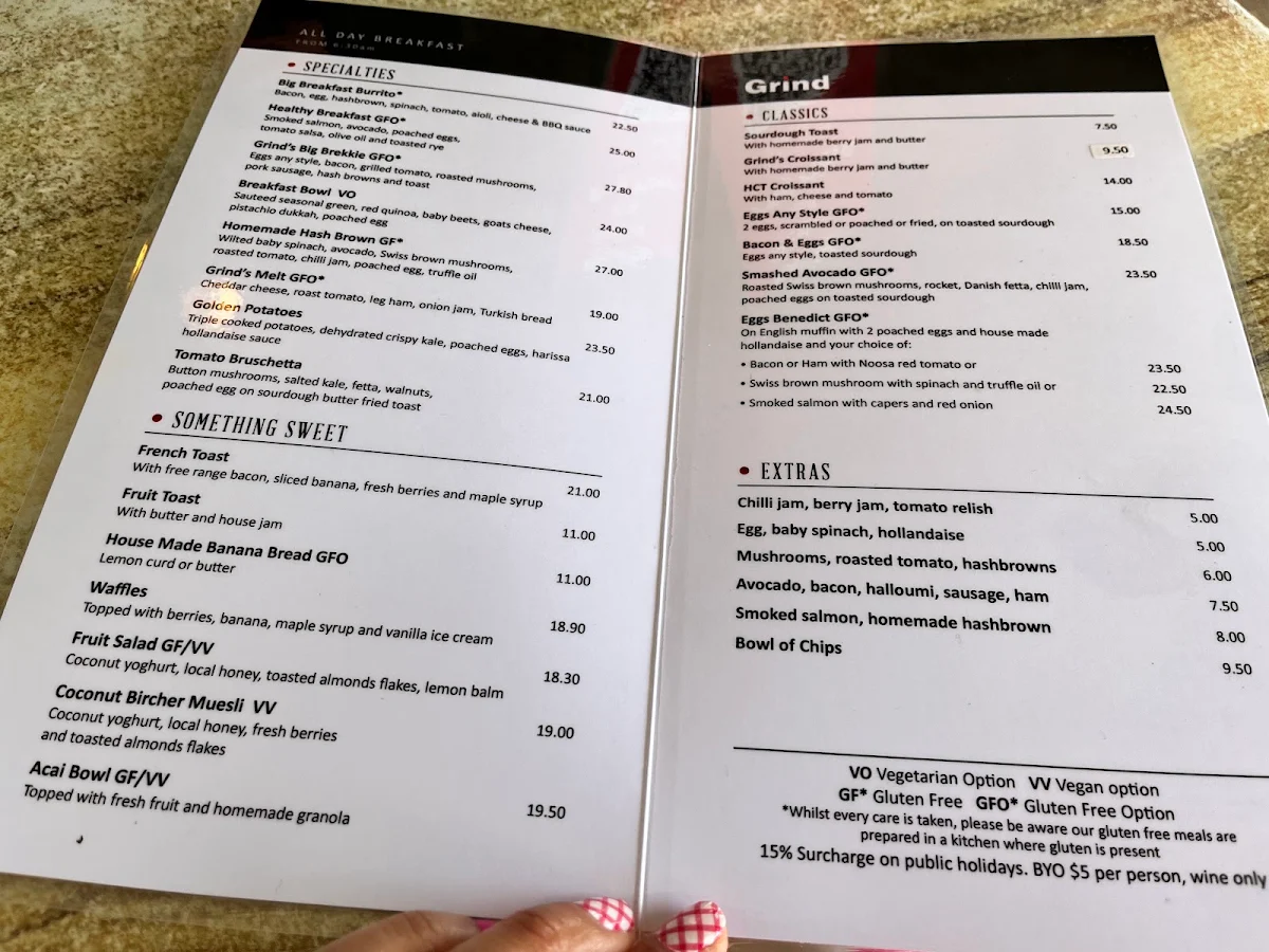 Menu, Grind Cafe
