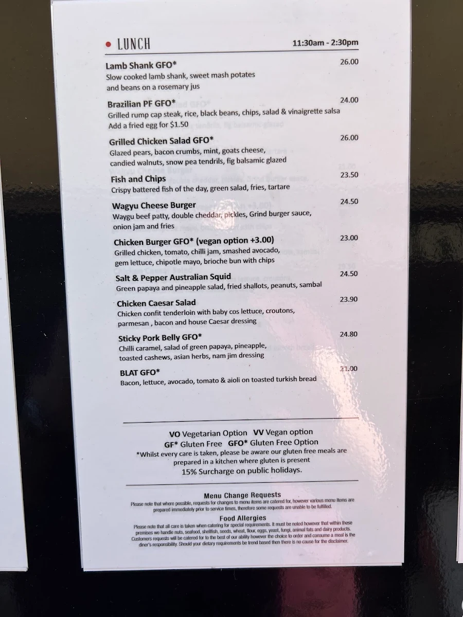 Menu, Grind Cafe