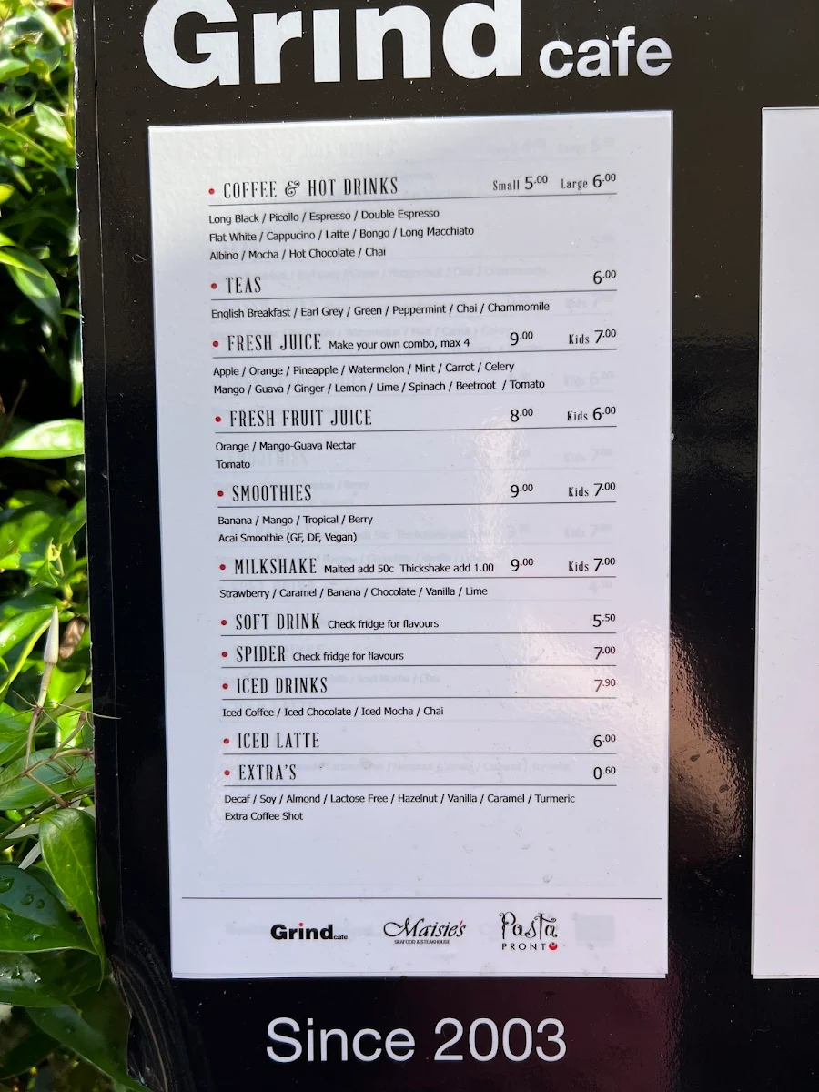 Menu, Grind Cafe