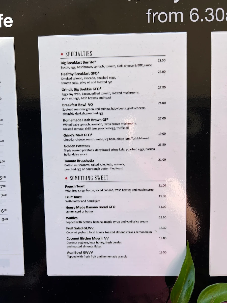 Menu, Grind Cafe