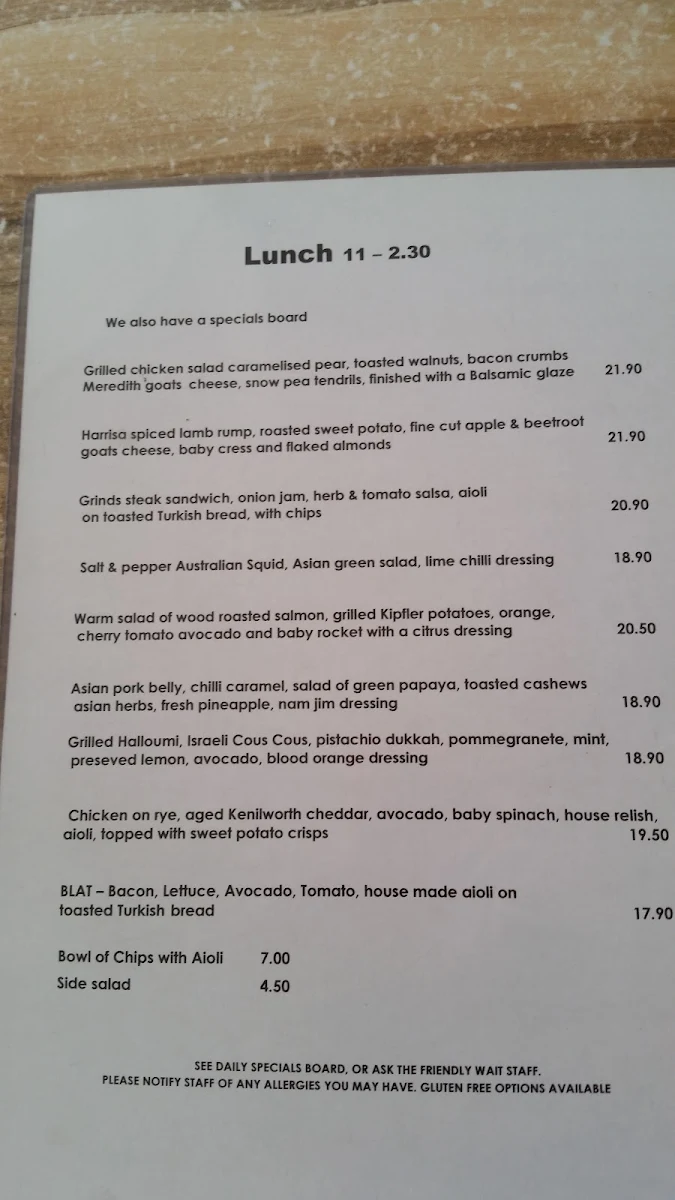 Menu, Grind Cafe