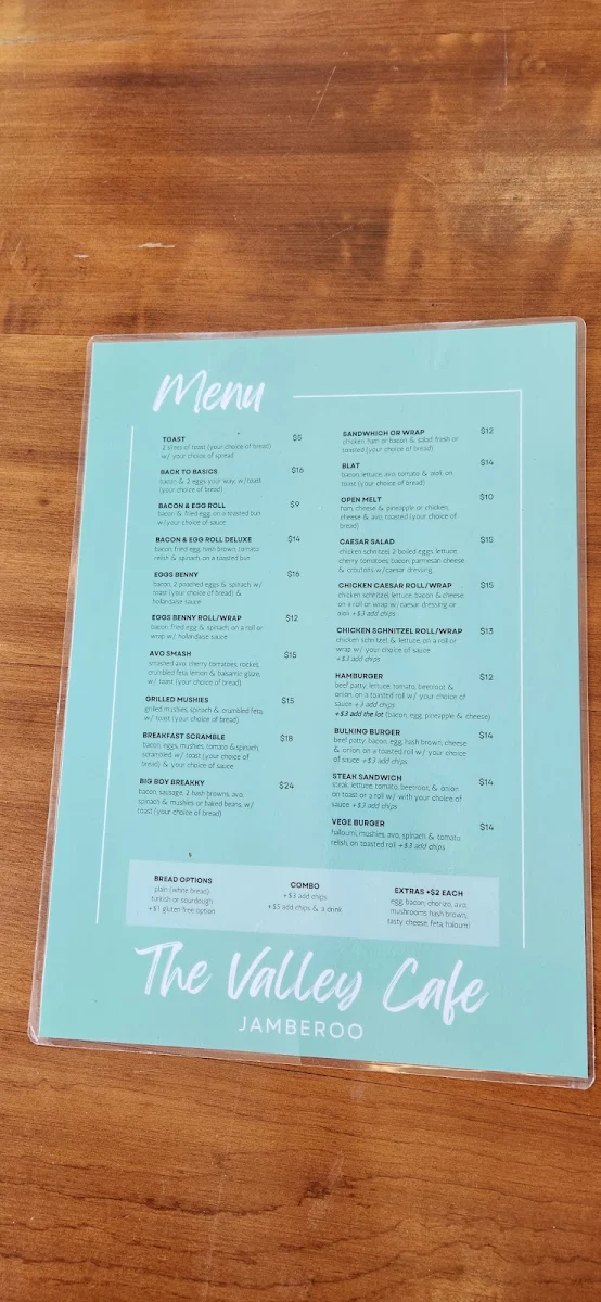 Menu, The Valley Cafe Jamberoo