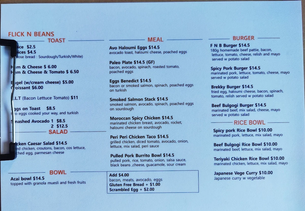 Menu, Flick N Beans