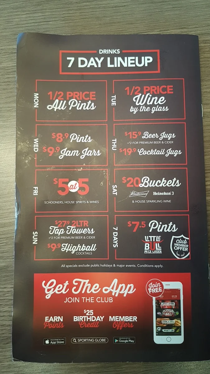 Menu, The Sporting Globe Bar & Grill Ballarat