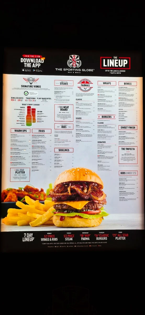 Menu, The Sporting Globe Bar & Grill Ballarat