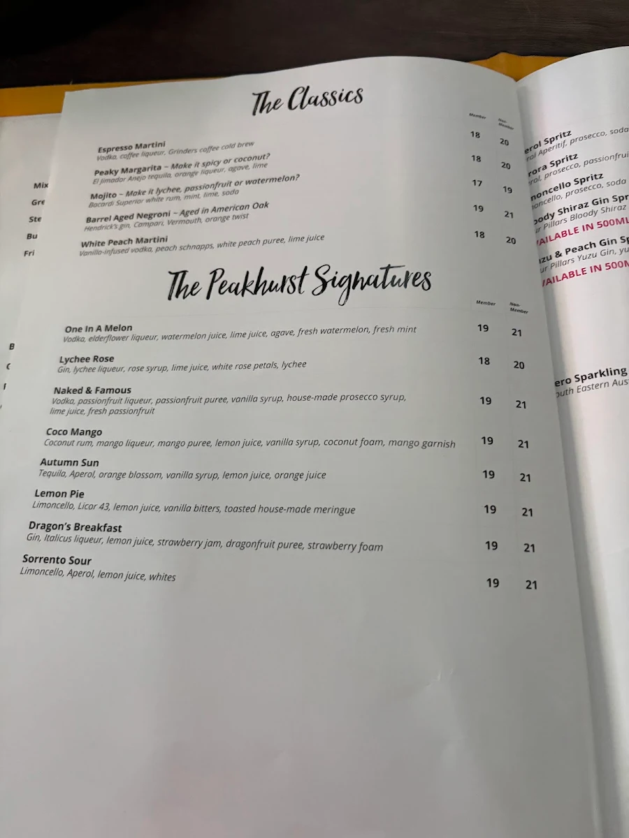 Menu, The Peakhurst