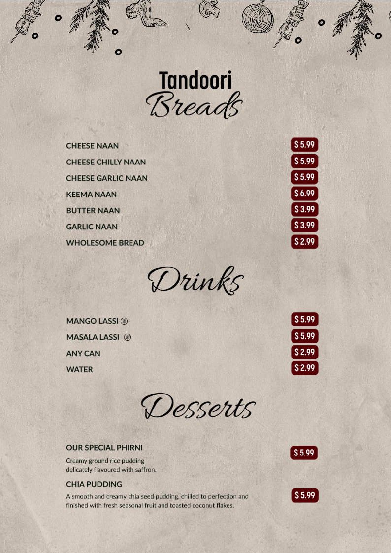 Menu, The Tandoori Joint - Indian Takeaway in Mickleham