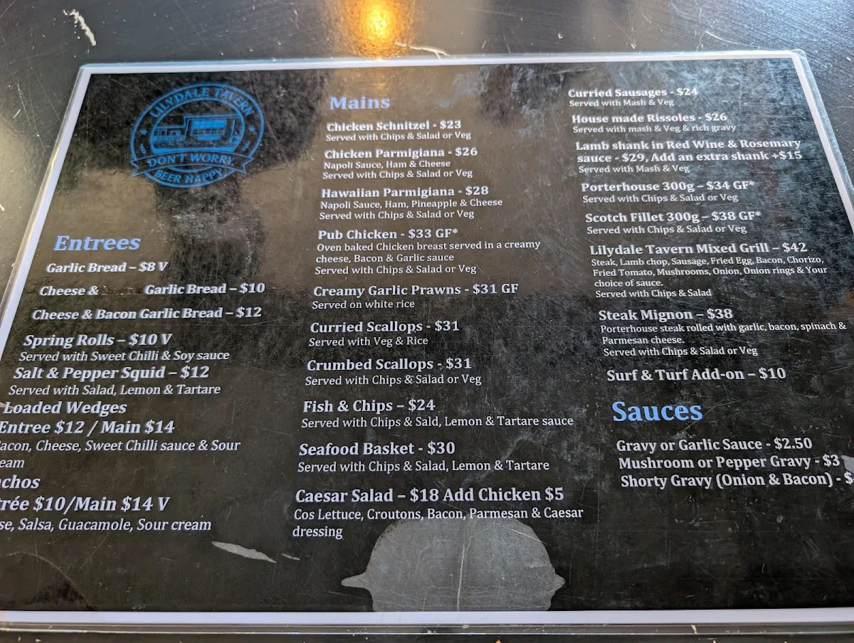 Menu, Lilydale Tavern