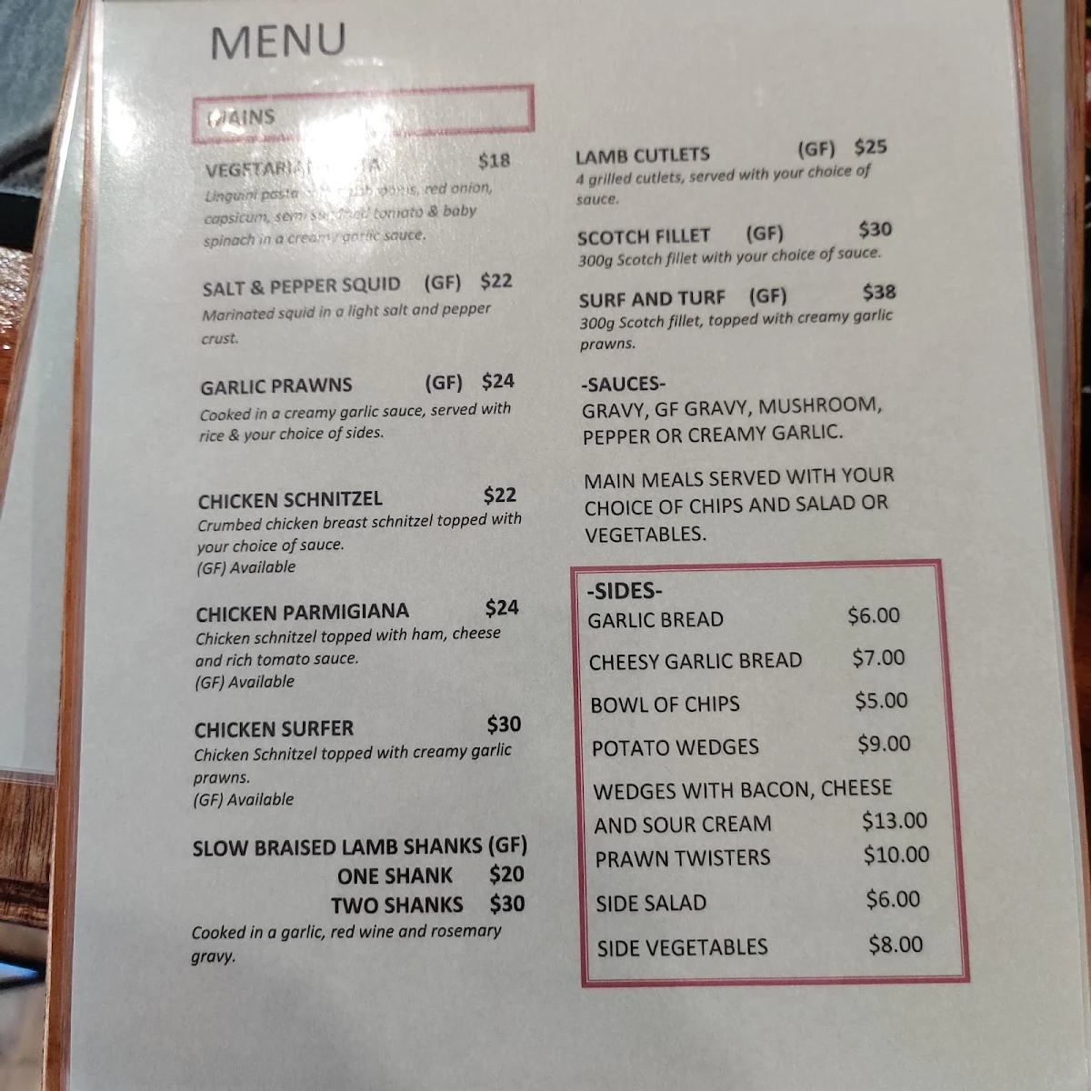 Menu, Lilydale Tavern
