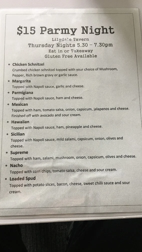 Menu, Lilydale Tavern