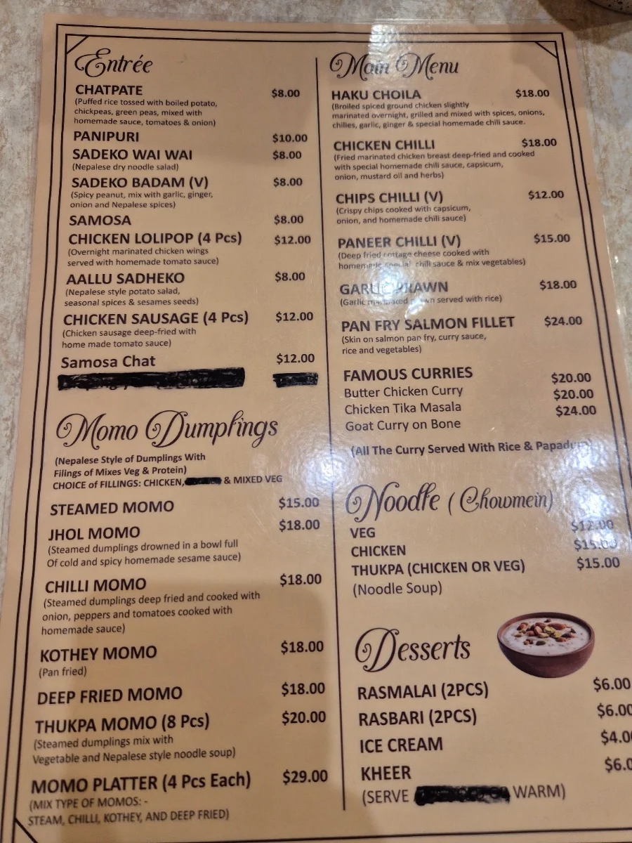 Menu, Momo Centre