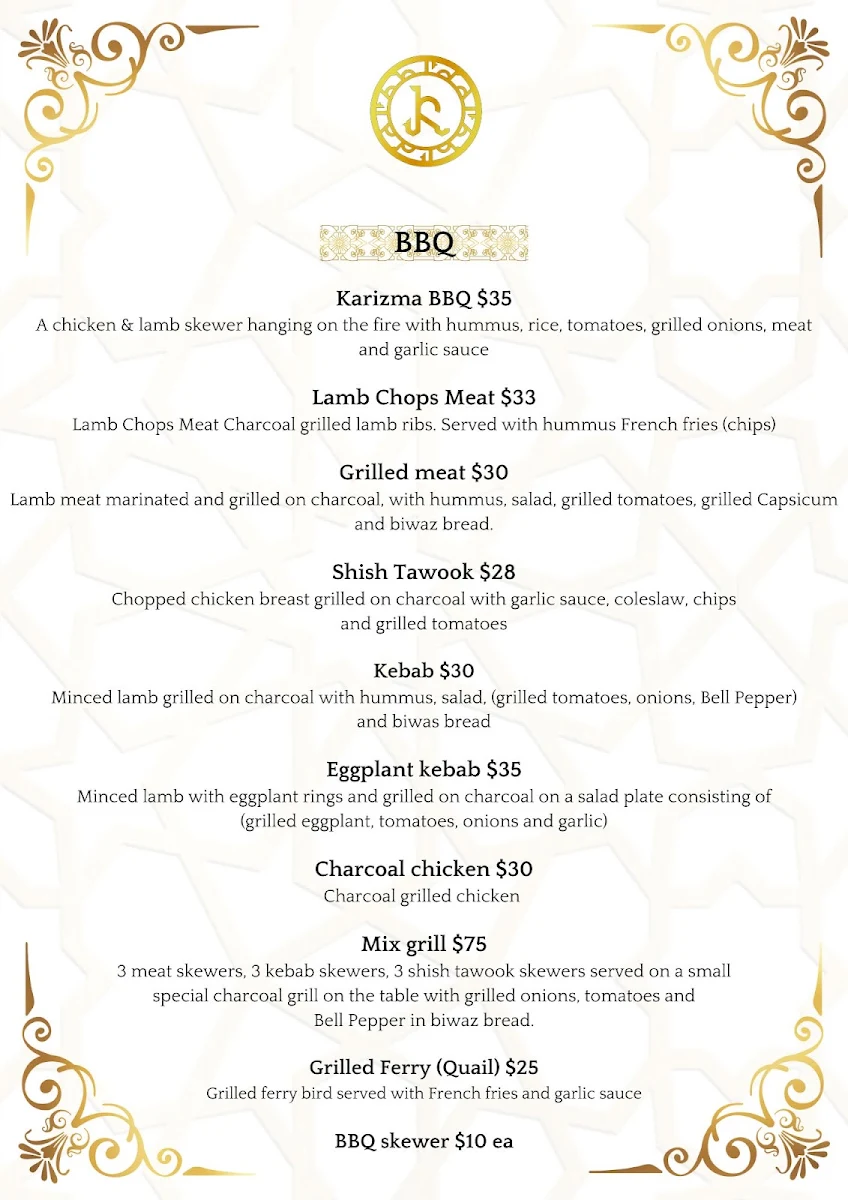 Menu, Karizma Restaurant