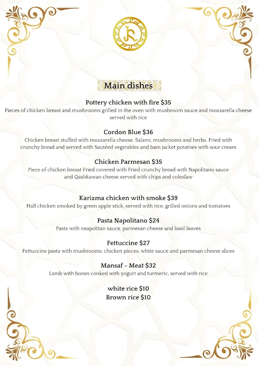 Menu, Karizma Restaurant