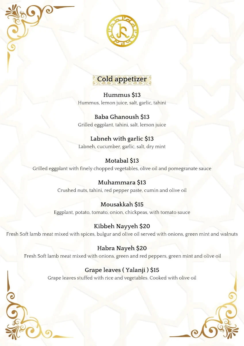 Menu, Karizma Restaurant