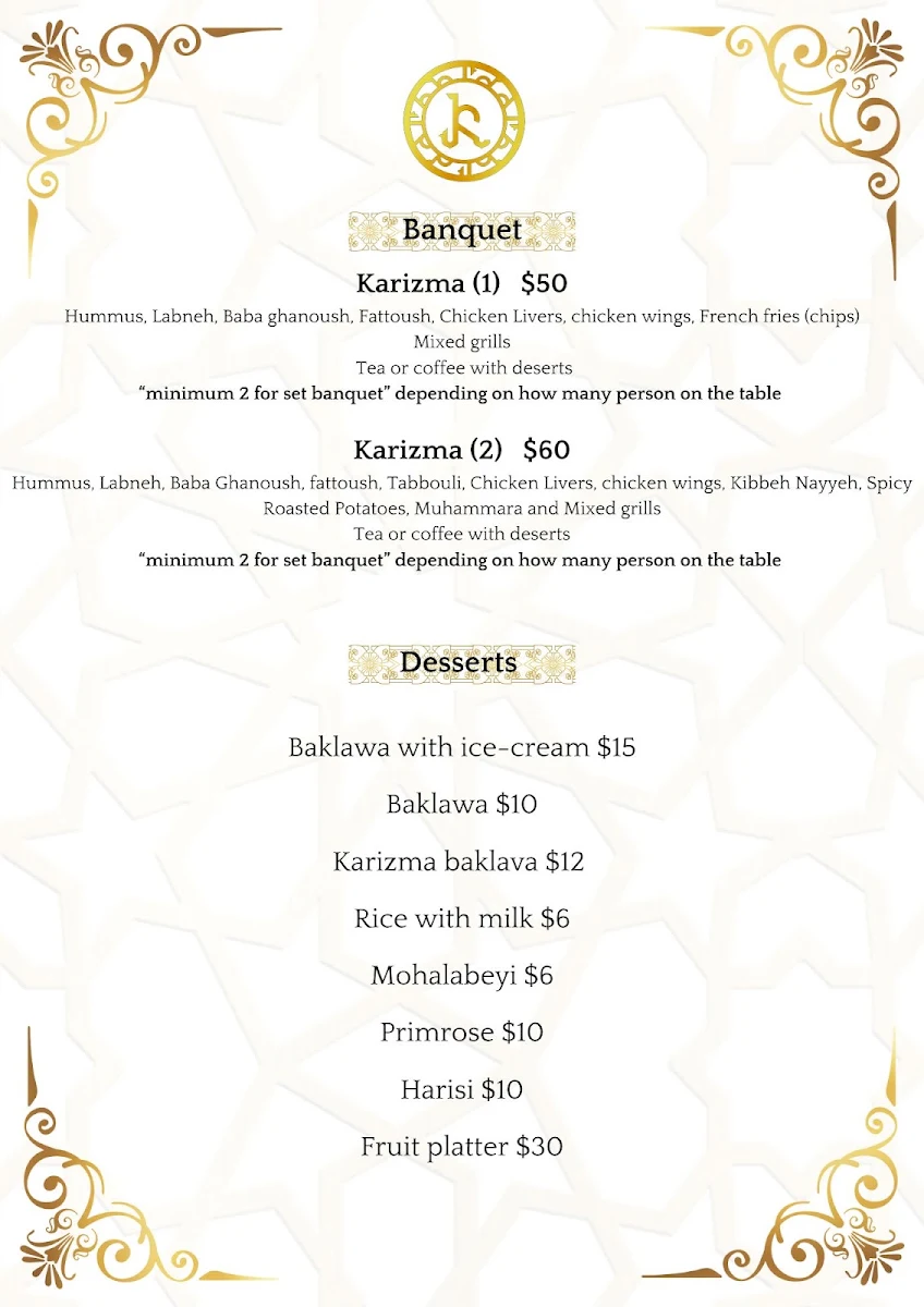 Menu, Karizma Restaurant