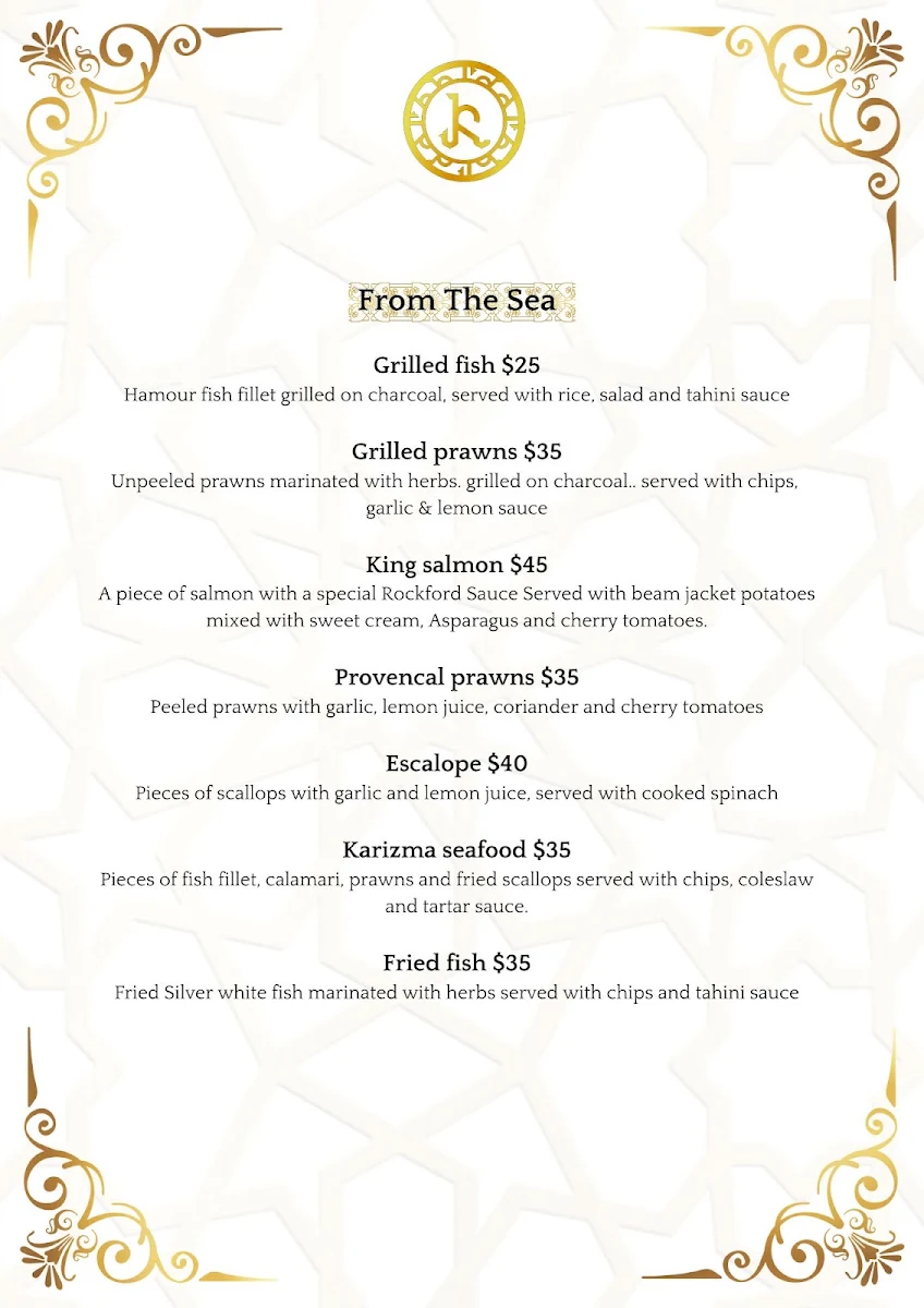Menu, Karizma Restaurant