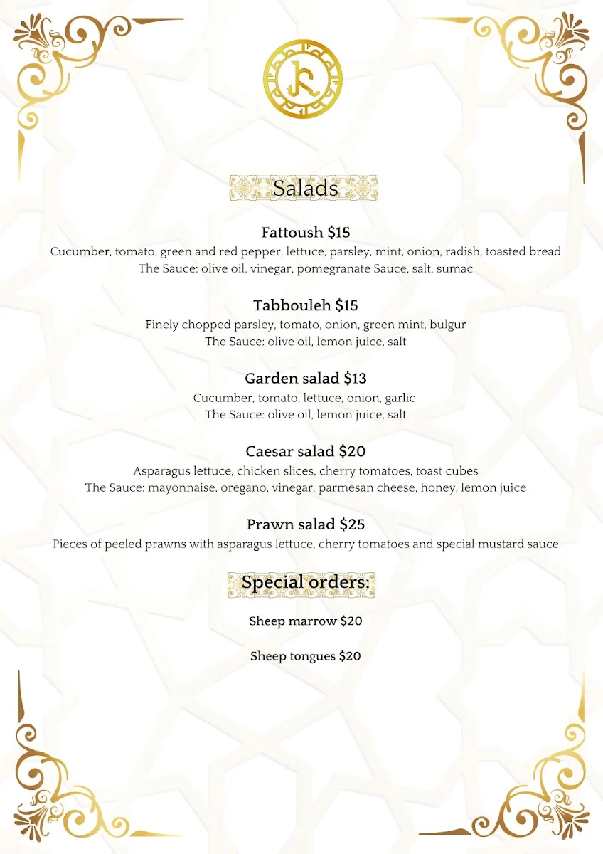 Menu, Karizma Restaurant