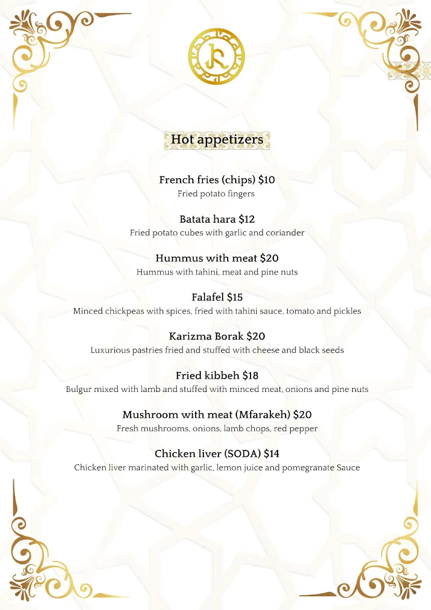 Menu, Karizma Restaurant