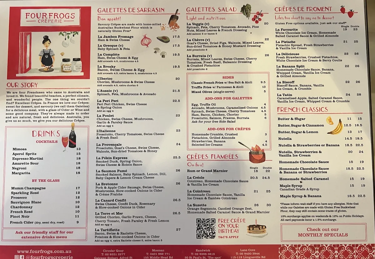 Menu, Four Frogs Crêperie - Randwick