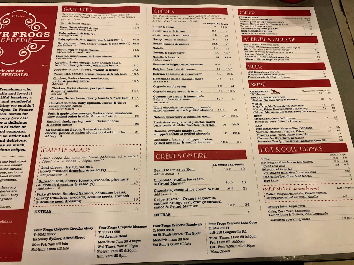 Menu, Four Frogs Crêperie - Randwick