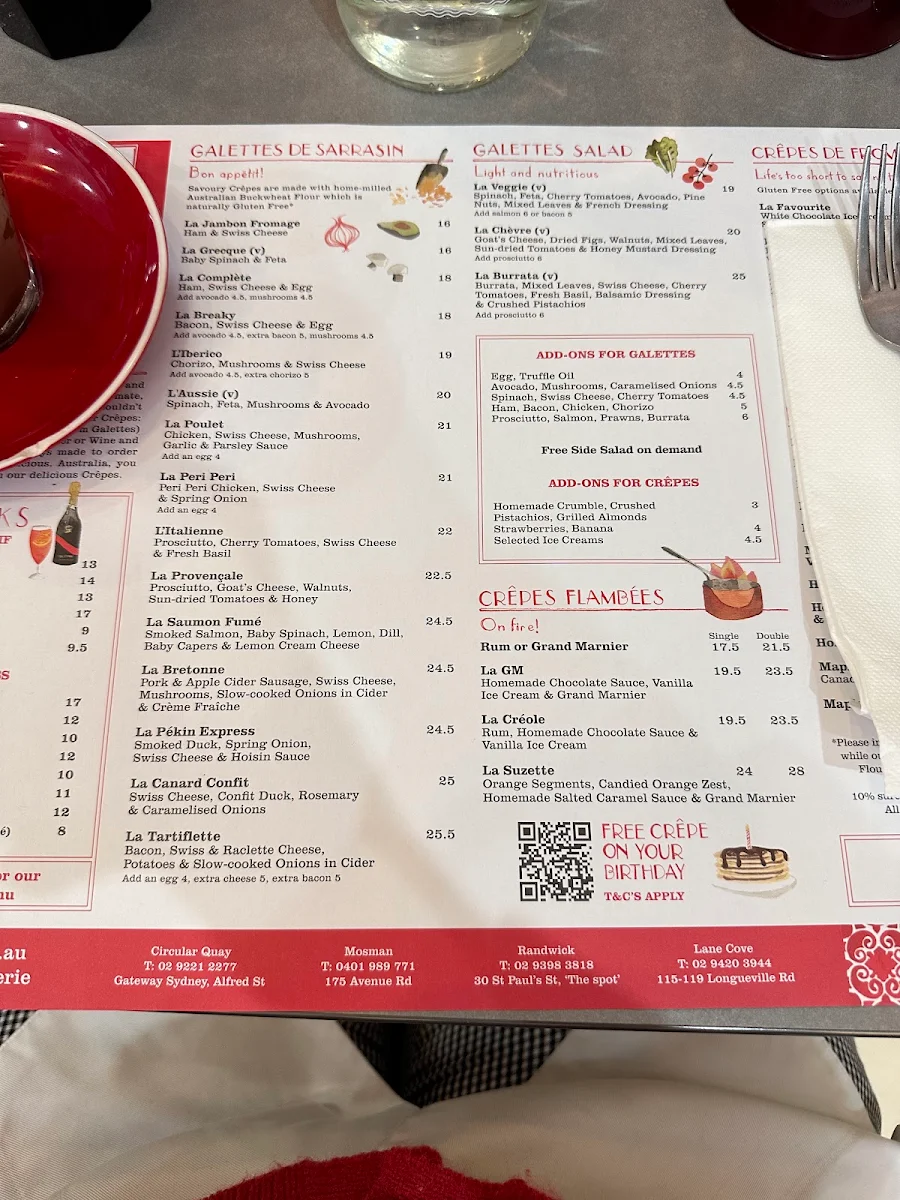 Menu, Four Frogs Crêperie - Randwick