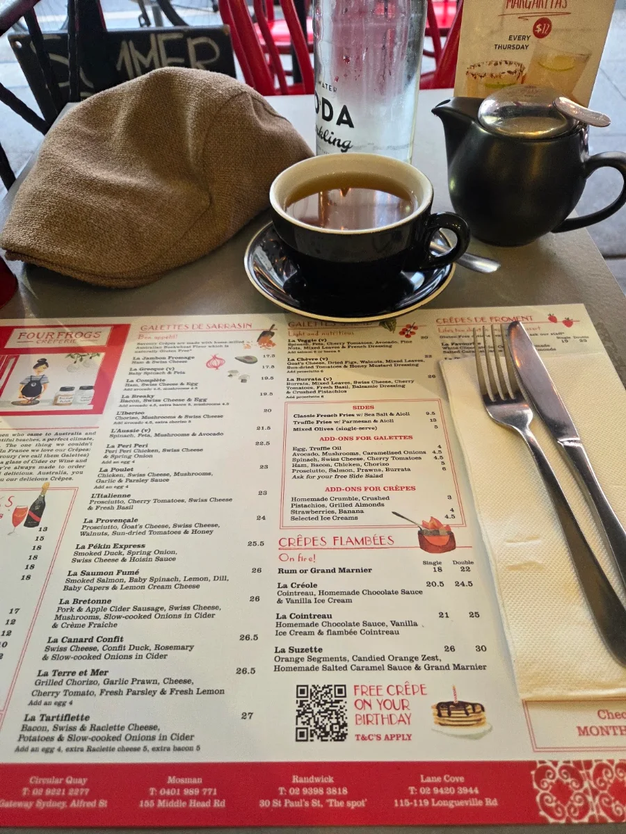 Menu, Four Frogs Crêperie - Randwick