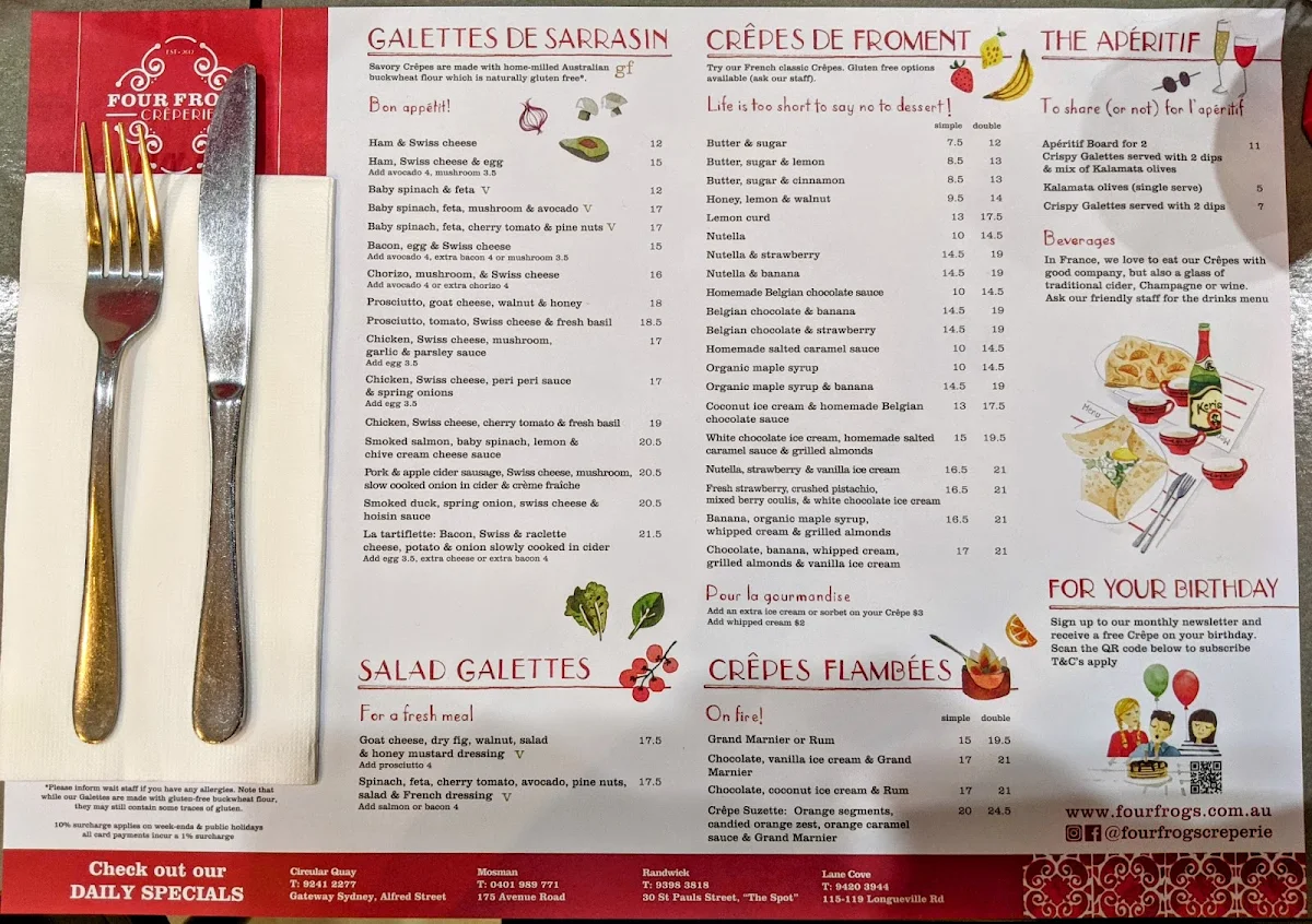 Menu, Four Frogs Crêperie - Randwick