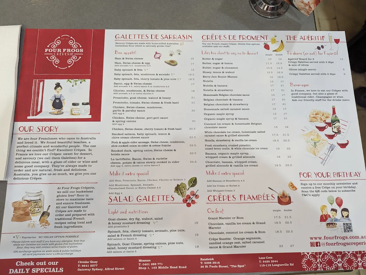 Menu, Four Frogs Crêperie - Randwick