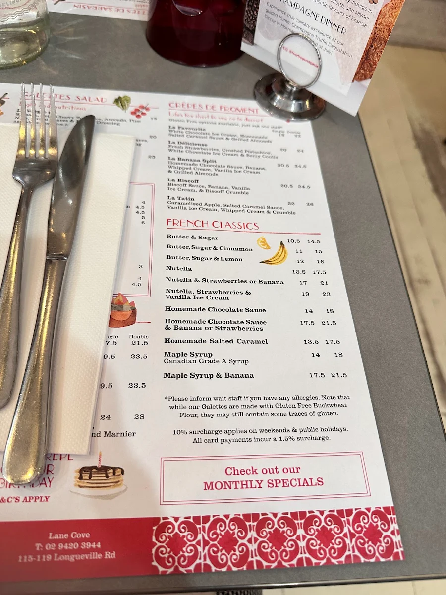 Menu, Four Frogs Crêperie - Randwick