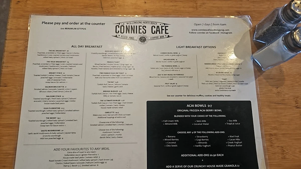 Menu, Connies Cliff Road Cafe