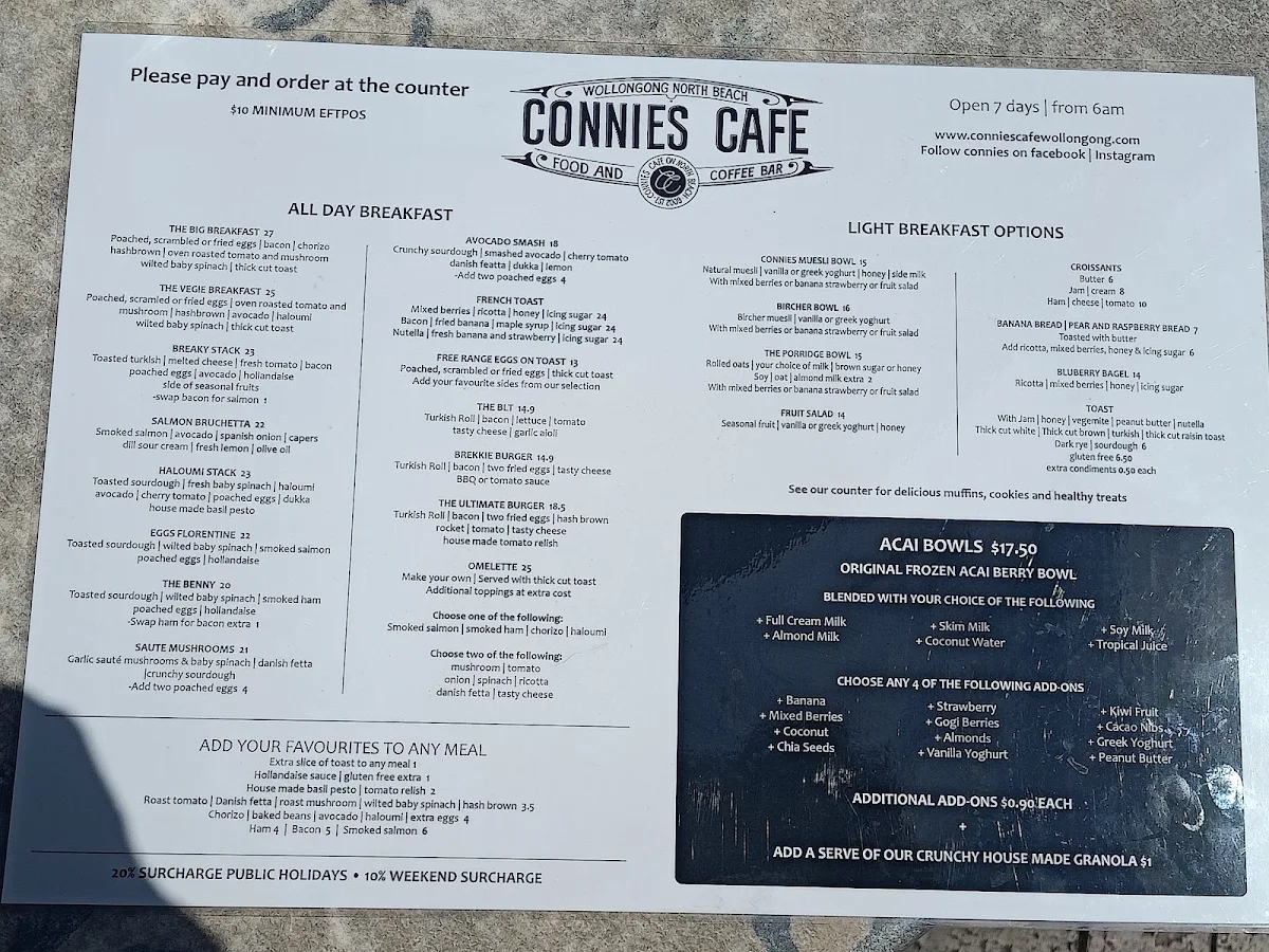 Menu, Connies Cliff Road Cafe